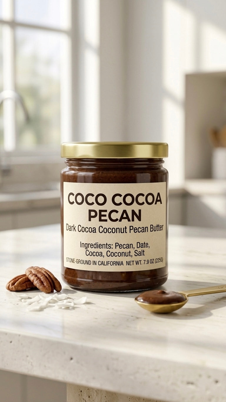 A jar of Coco Cocoa Pecan Dark Cocoa Coconut Pecan Butter sits on a light marble countertop with whole pecans, coconut flakes, and a spoonful of the spread nearby in bright window light.