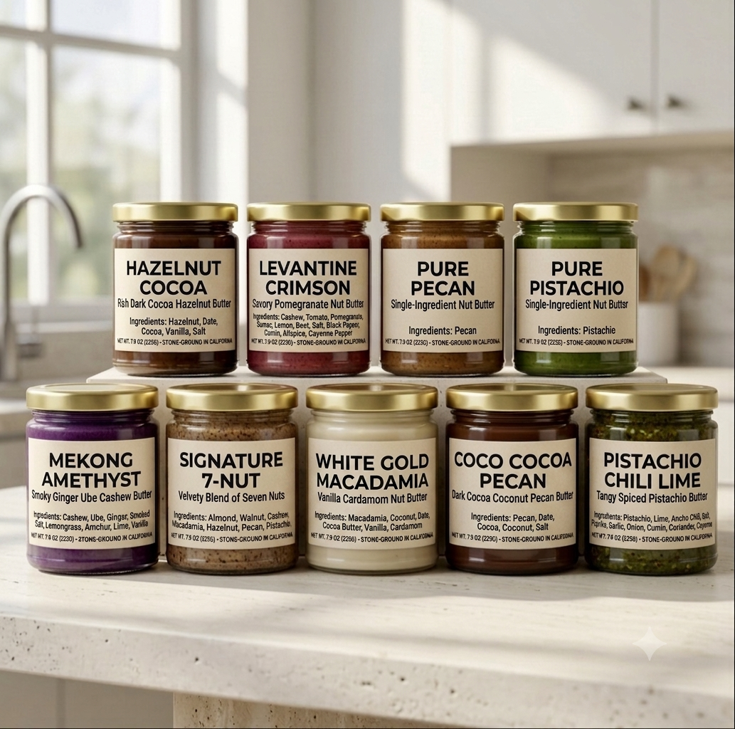 A clean stack of nine heavy straight-sided glass jars topped with polished gold metal lids filled with stone-ground nut butter and nut spreads in a bright kitchen.