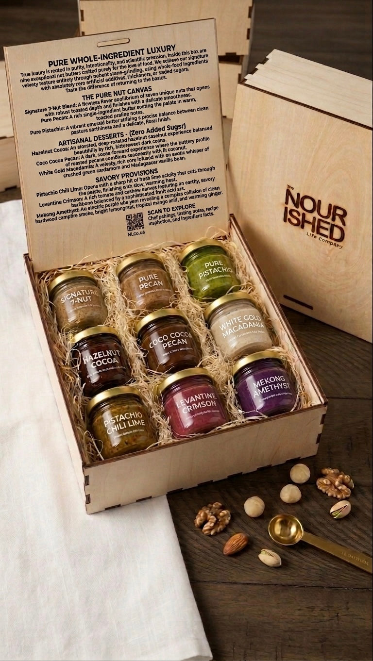 Handcrafted laser-engraved, fire branded birch wooden gift box open to reveal nine 1.5oz glass tasting jars of nut butters & nut spreads nestled in natural wood wool, displaying a spectrum of colorful artisanal nut butter spreads on a rustic wood table.