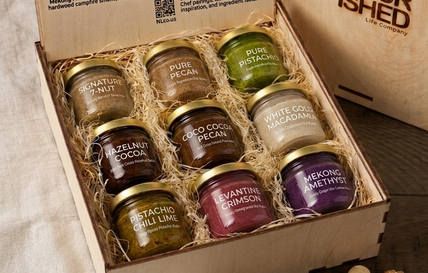 Handcrafted laser-engraved, fire branded birch wooden gift box open to reveal nine 1.5oz glass tasting jars of nut butters & nut spreads nestled in natural wood wool, displaying a spectrum of colorful artisanal nut butter spreads on a rustic wood table.