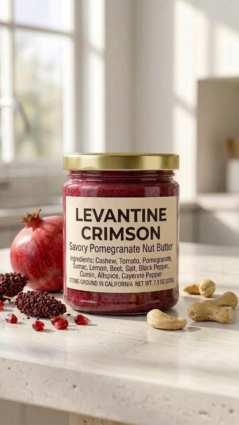 A glass jar of Levantine Crimson Pomegranate Nut Butter with a gold lid resting on a marble countertop, surrounded by fresh pomegranate seeds, sumac spice, and a golden spoon of deep crimson spread.