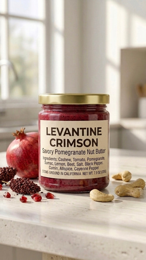 A glass jar of Levantine Crimson Pomegranate Nut Butter with a gold lid resting on a marble countertop, surrounded by fresh pomegranate seeds, sumac spice, and a golden spoon of deep crimson spread.