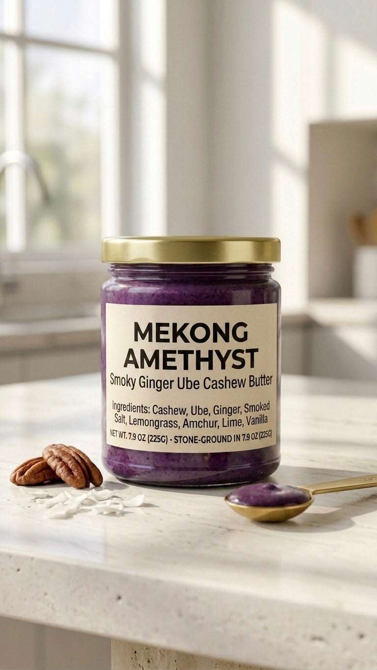 A glass jar of Mekong Amethyst Savory Ginger Ube Cashew Butter with a gold lid on a light stone countertop, flanked by raw cashews, fresh lemongrass stalks, and a spoonful of vibrant purple spread under bright natural light.