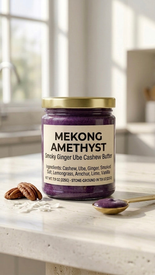 A glass jar of Mekong Amethyst Savory Ginger Ube Cashew Butter with a gold lid on a light stone countertop, flanked by raw cashews, fresh lemongrass stalks, and a spoonful of vibrant purple spread under bright natural light.