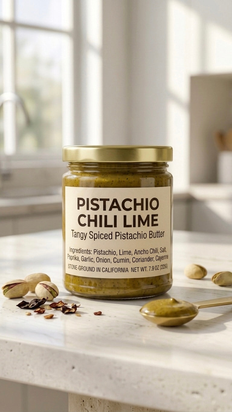A glass jar of Pistachio Chili Lime Spiced Butter with a gold lid on a marble counter, arranged with fresh lime slices, raw pistachios, dried ancho chili, and a spoonful of creamy green spread.
