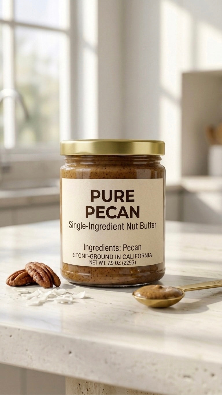 A glass jar of Pure Pecan Single-Ingredient Nut Butter with a gold metal lid on a sunlit counter, surrounded by whole raw pecans and a spoon of velvety amber pecan butter.