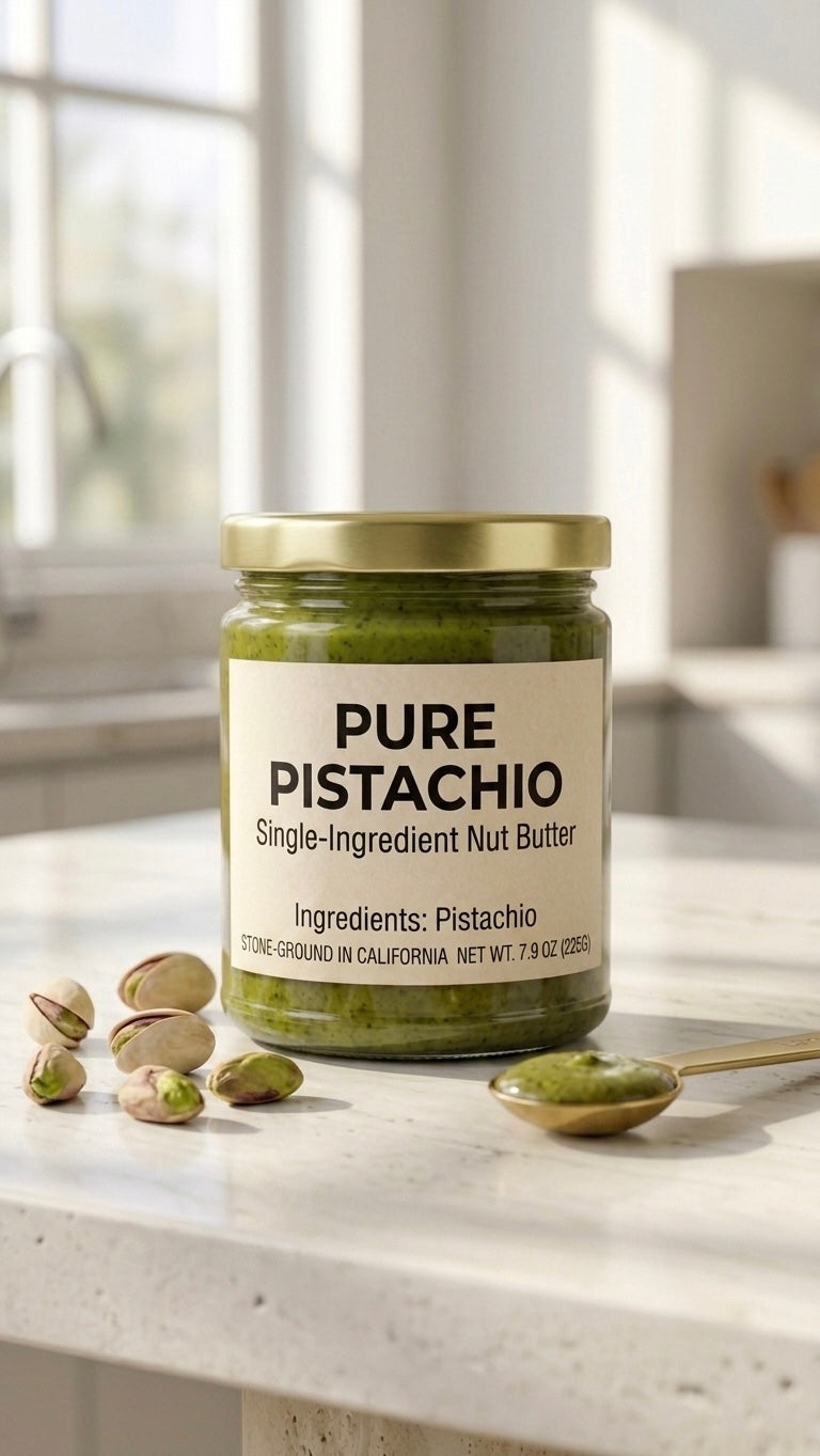 A glass jar of Pure Pistachio Single-Ingredient Nut Butter on a light countertop, flanked by vibrant raw pistachios and a golden spoon filled with stone-ground emerald green pistachio butter.