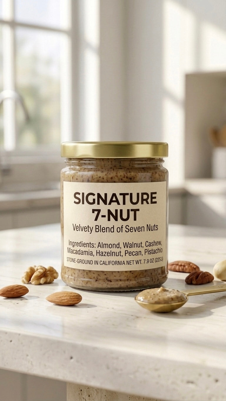A glass jar of Signature 7-Nut Blend Nut Butter on a light marble surface, surrounded by whole almonds, walnuts, cashews, macadamias, hazelnuts, pecans, and pistachios with a spoonful of smooth stone-ground spread.