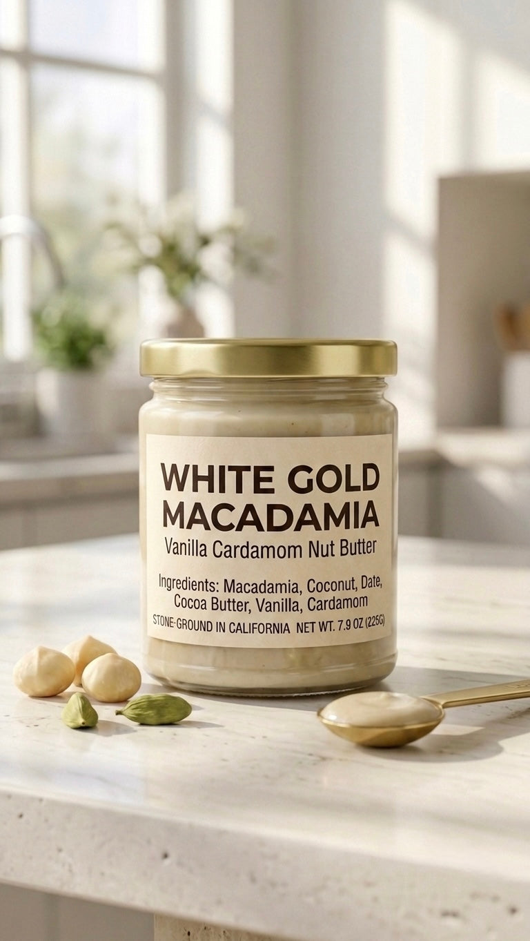 A glass jar of White Gold Macadamia Nut Butter with a gold lid on a stone countertop, framed by raw macadamia nuts, whole cardamom pods, vanilla bean pods, and a golden spoon of creamy ivory spread.